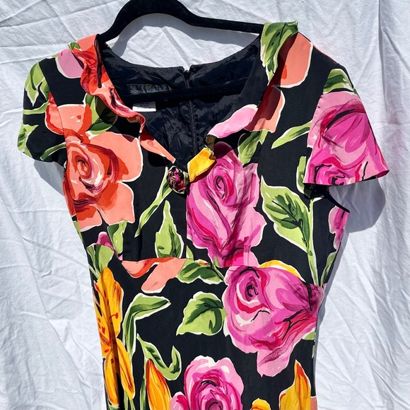 Vintage 90s Floral 100% Silk Midi Dress with Floral Rosette Bias Cut - Picture 2 of 6